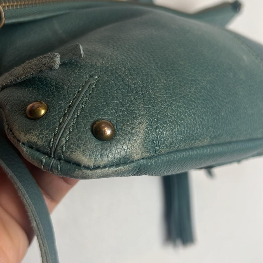 Lucky Brand Teal Leather Foldover Crossbody Hobo Bag Boho Fringe Distressed - Picture 6 of 15